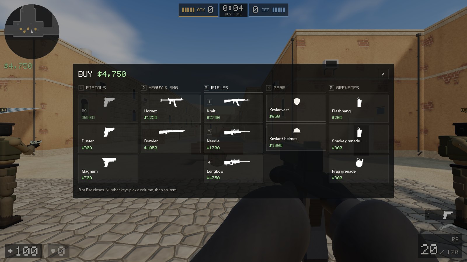 The buy menu: every weapon, grenade and piece of armor, priced by side.