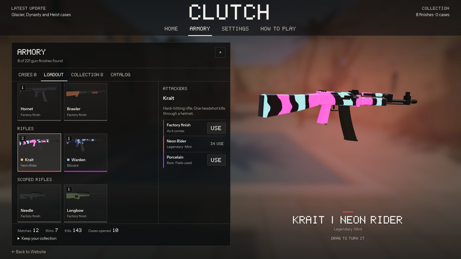 The loadout: every weapon and the finish on it, turning on the Armory's stage.