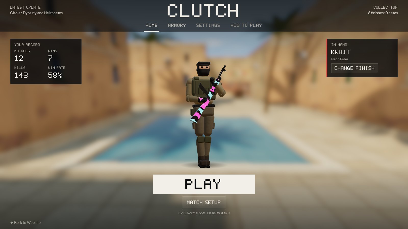 The menu: you on the stage in your side's uniform, holding your rifle in its finish, the town out of focus behind.