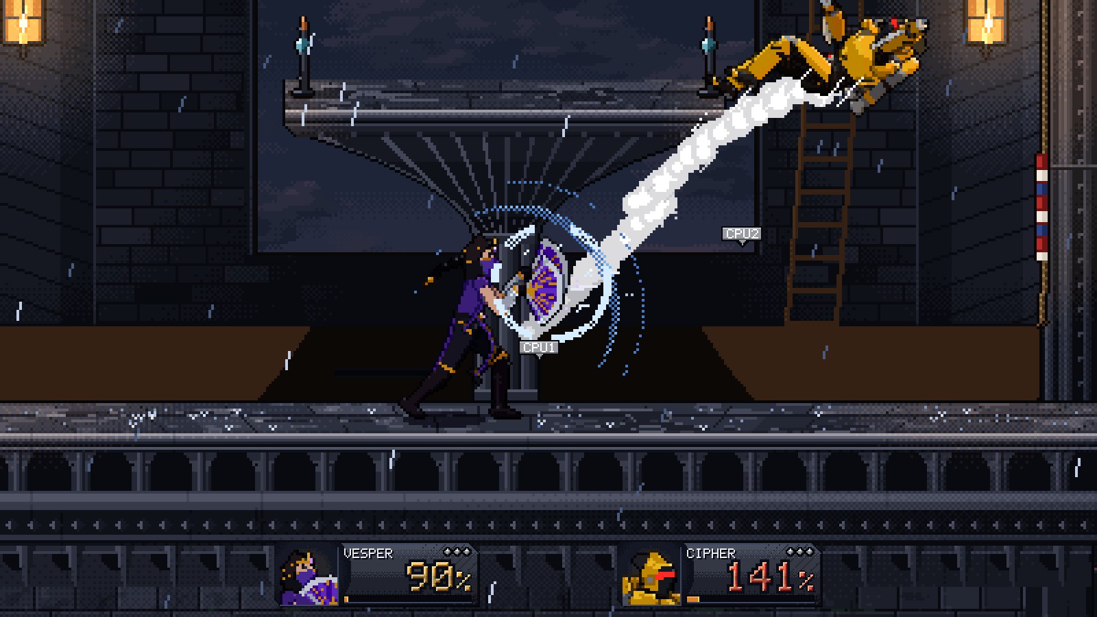 The Cathedral's belfry in a storm: Vesper's fans throw Cipher clear.