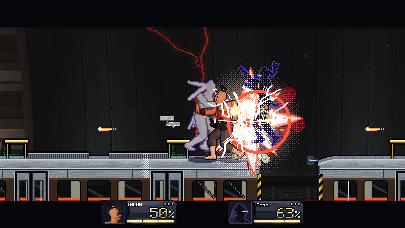 Talon's Deathblow lands on Umbra atop the Red Line: three bars of meter, and time slows as it closes in.