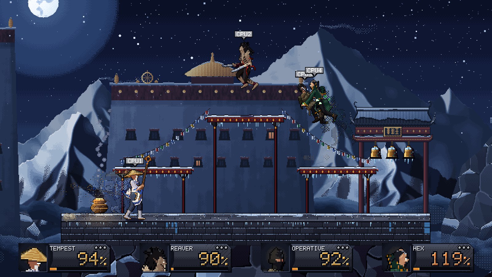Four at once on the Frozen Monastery's three platforms, every one a CPU.