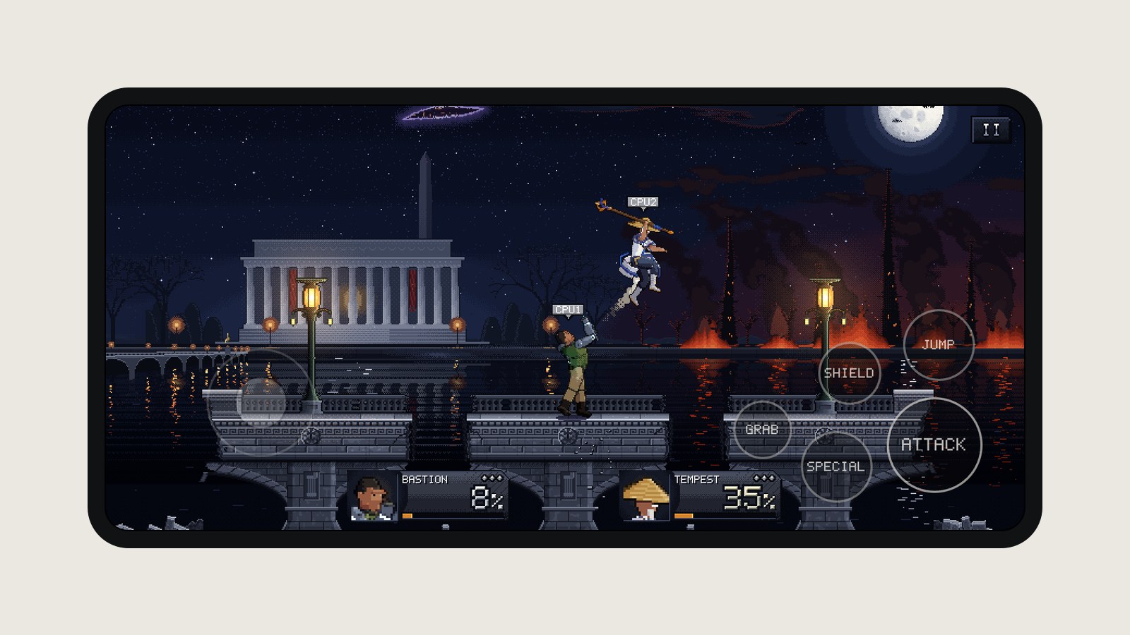 On a phone, turned sideways, with touch controls: Memorial Bridge over the burning Potomac.