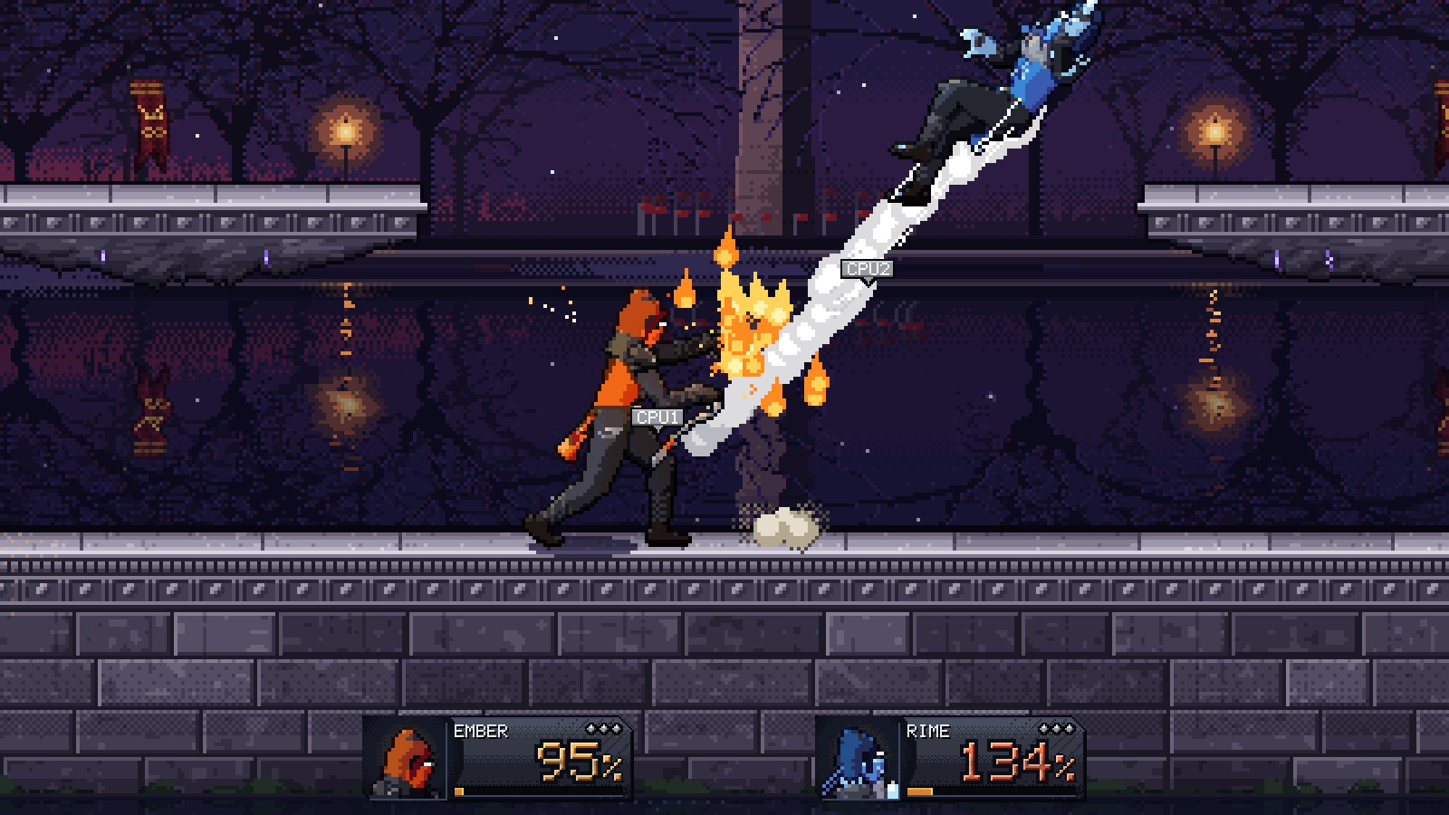 Ember's fire sends Rime flying over the Reflecting Pool, under a blood moon.