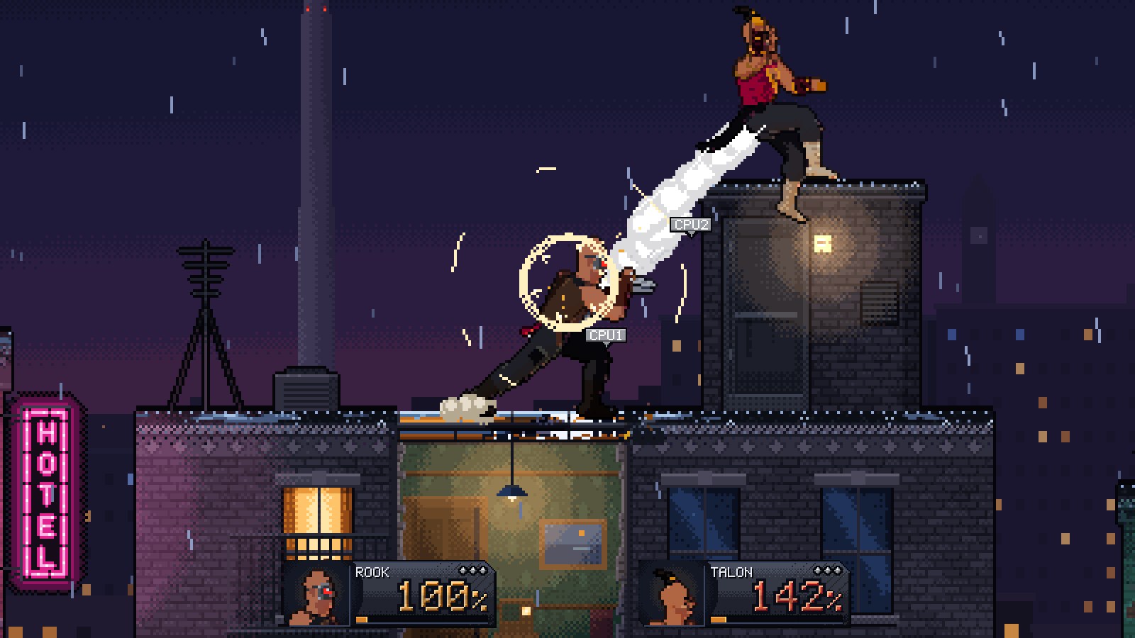 The Rooftops in the rain: Rook launches Talon past the hotel's neon.